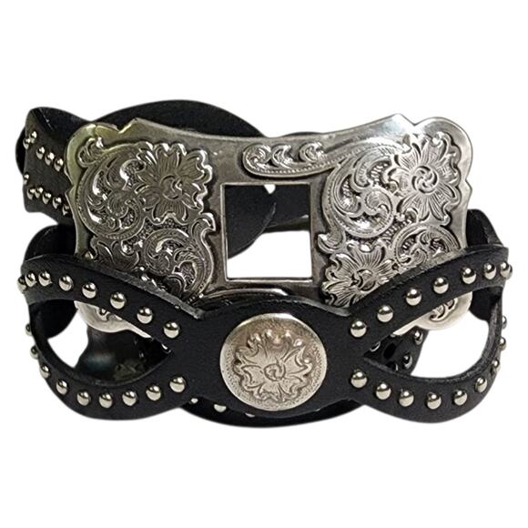 Olga Santini Western Equestrian Belt Ladies Womens Size M Black Cut Out Studs - Picture 1 of 5